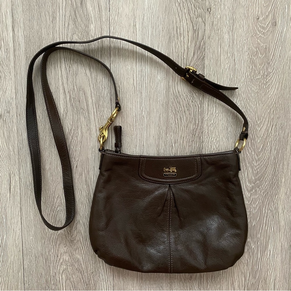 Coach Dark Brown Leather Crossbody Shoulder Bag with Gold Carriage Logo Emblem